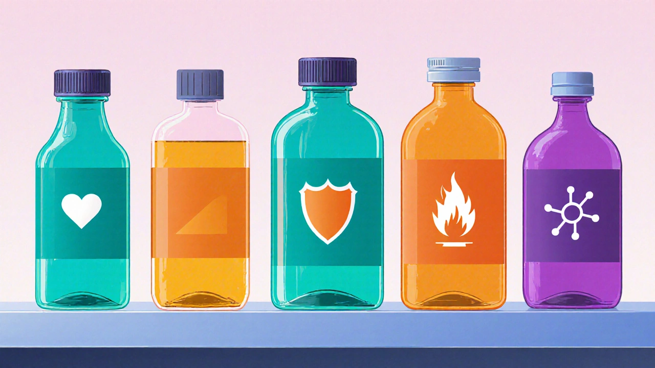 5種類の薬瓶が並び、それぞれの特徴を象徴するアイコンが添えられたイラスト