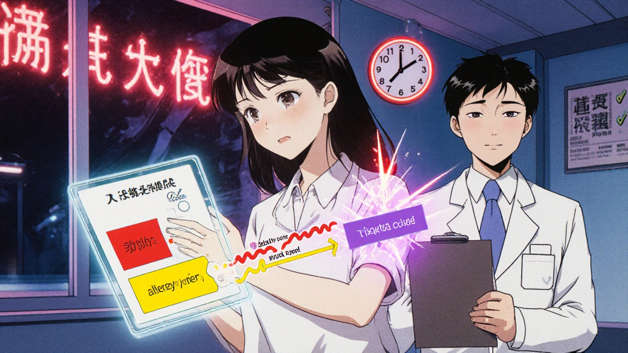 アニメ風のイラスト：未来の診療所でホログラムの薬反応分類チャートを確認する女性と医師。