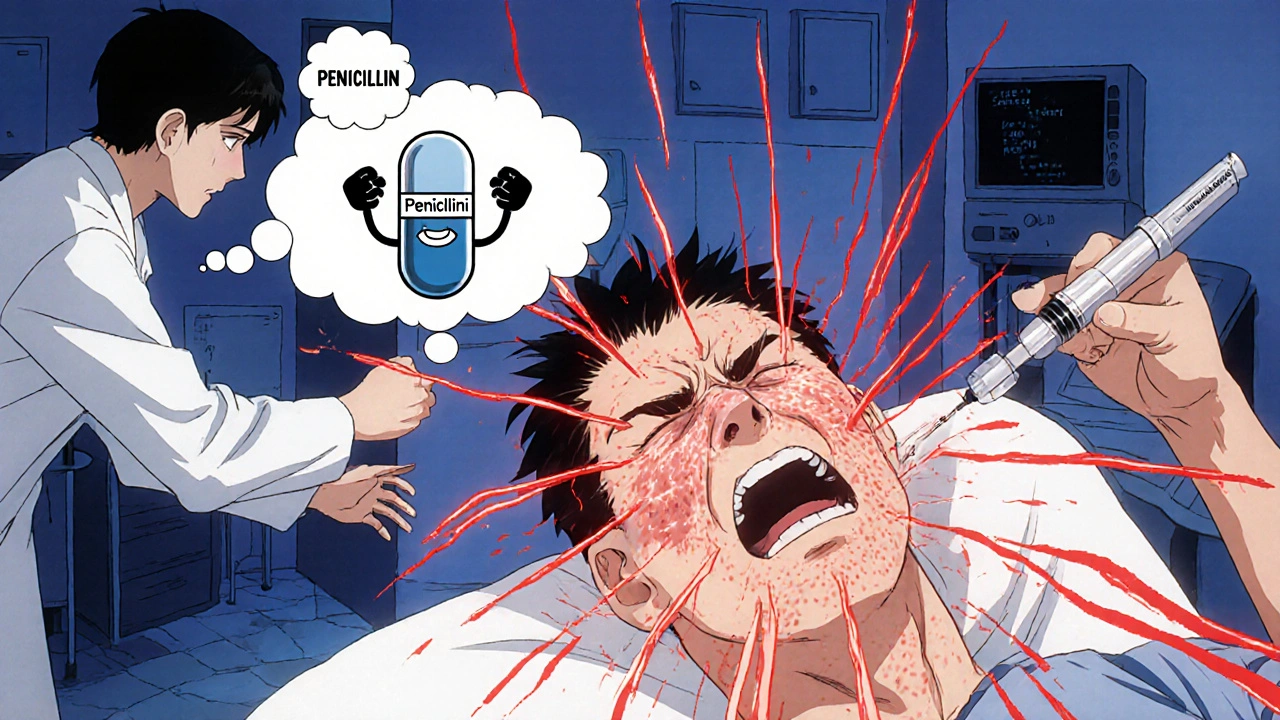 アニメ風のイラスト：顔が腫れてひきつる患者にエピネフリンを注射する医師、赤い警告線が広がる。