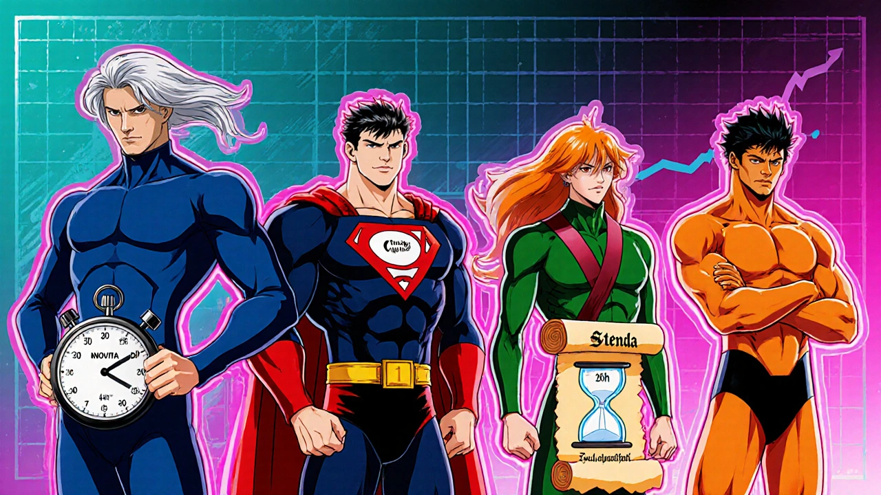 ED薬を擬人化した4人のキャラクターが速度と持続時間を示すイラスト。