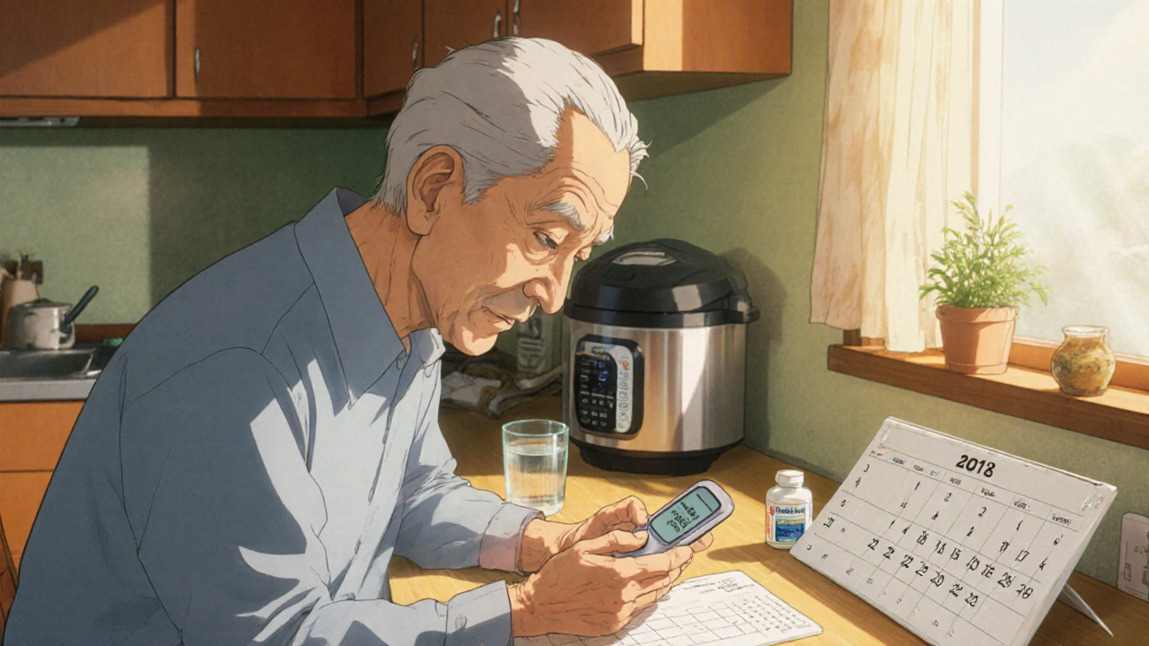 高齢者が自宅で血糖測定し、テラゾシンの瓶とカレンダーが見えるシーン。