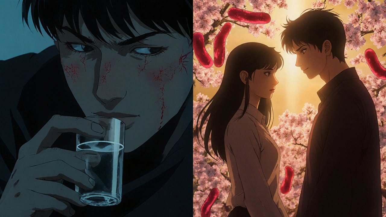 男性が薬を飲んだ後、パートナーと桜の下で手をつなぎ、体の血管が光り始める様子。