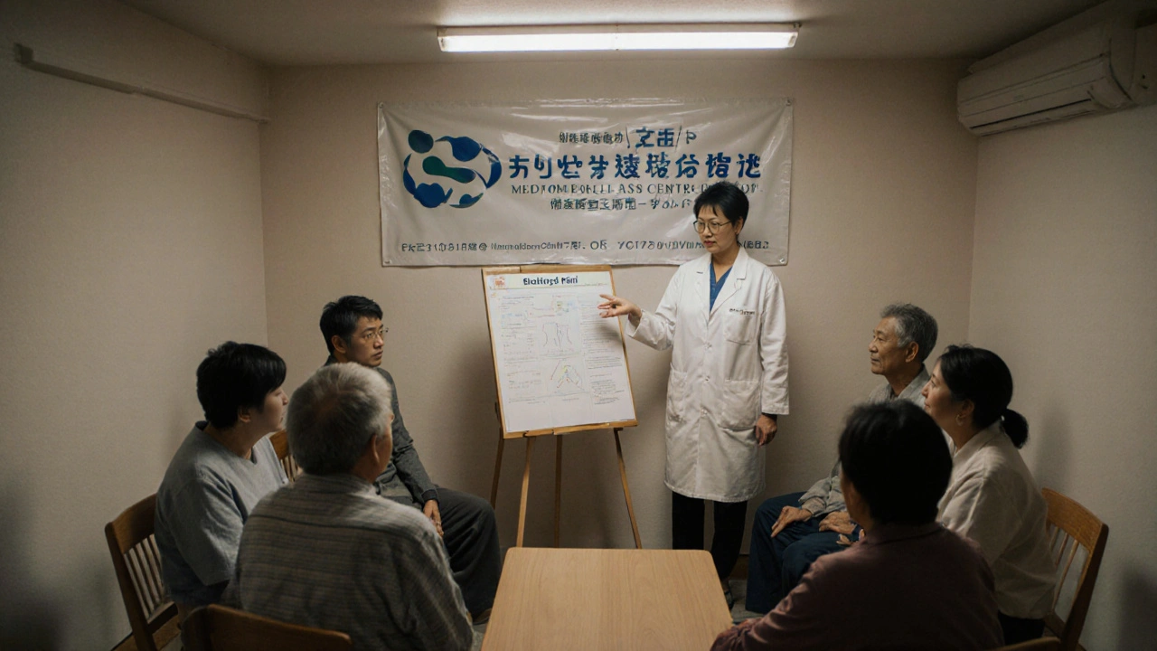 日本の保健センターで患者会が開催され、医師が説明し参加者が温かく話し合うシーン。
