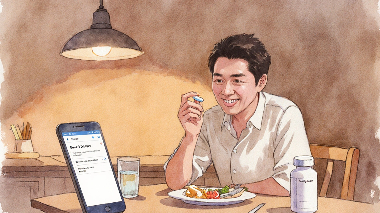 食後に水と一緒にジェネリックモトリンを飲む男性とスマートフォンの注文確認画面