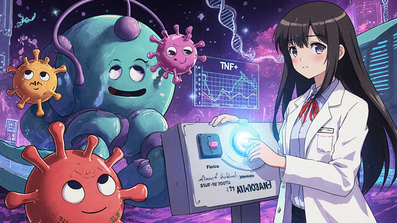 体内で免疫細胞が炎症物質を破壊し、フラチカソンが抗炎症タンパク質を活性化する様子