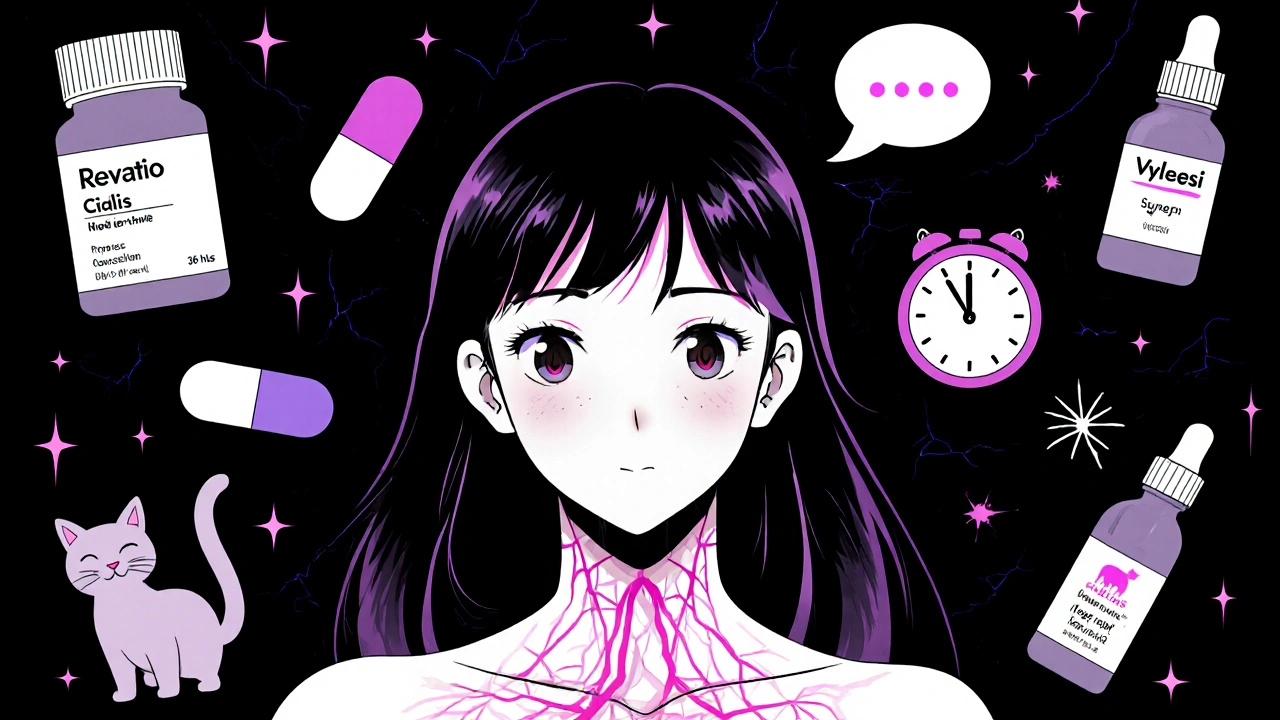 血管ネットワークの女性を中心に、Revatio、Cialis、Addyi、Vyleesi、ホルモン、カウンセリングを示すイラスト。