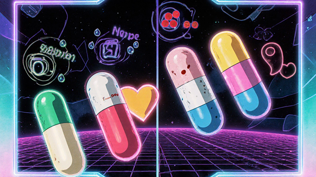 ヤスミン、トリキュラー、フェミニーヌ、ダイアン35の4種類の避妊薬がホルモン効果で比較されるアニメ風シーン。