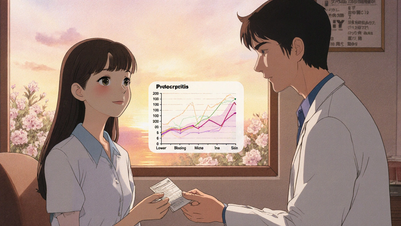 医師が患者にヤスミンの処方箋を渡し、体のバランスを表す透き通るグラフが浮かぶクリニックの場面。