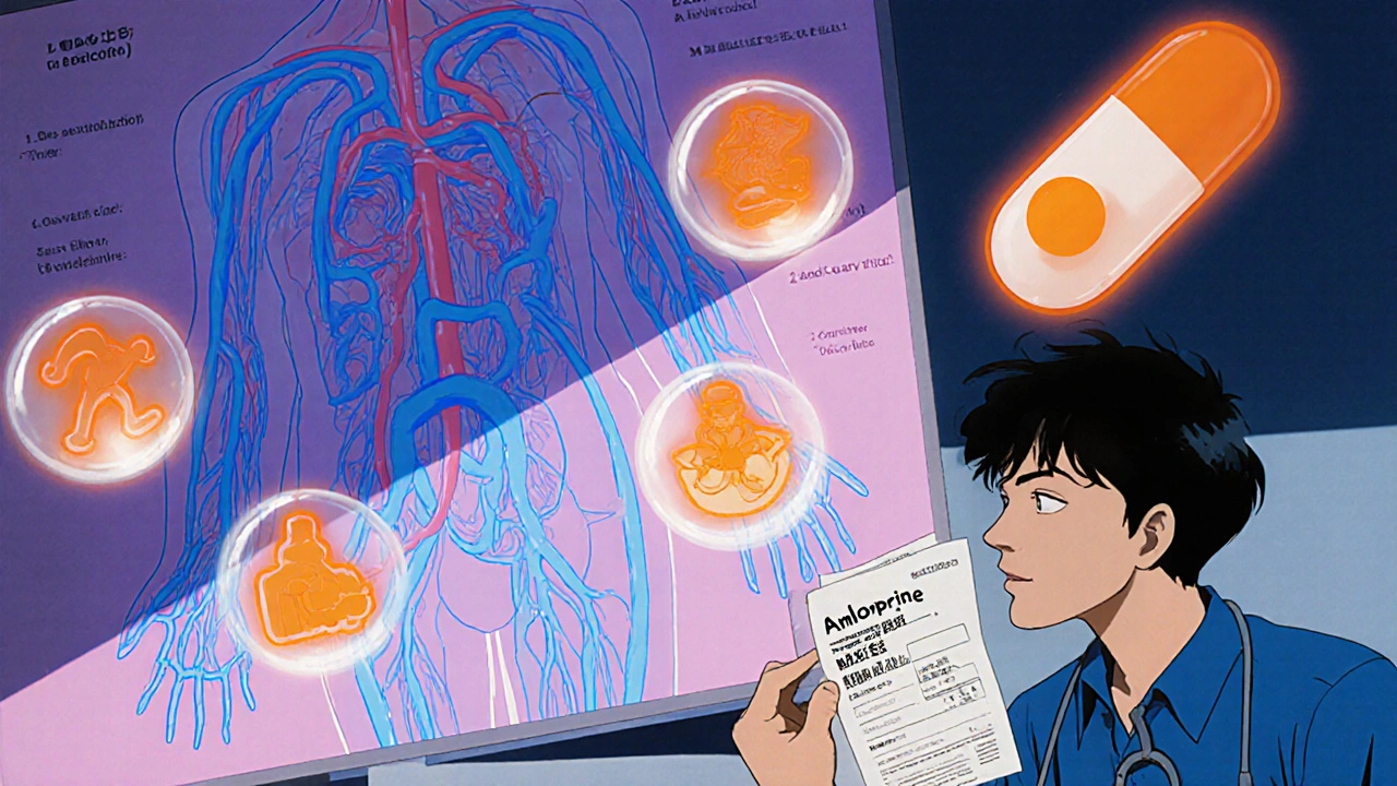 医師が循環器の図を指差し、患者はアムロジピンの処方箋を手に、健康の象徴が浮かぶ。