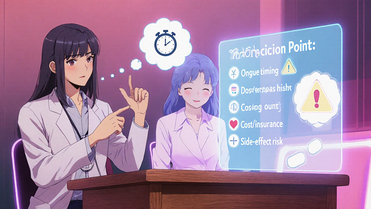 医師と患者が4つの選択ポイントを検討するシーン、背景に薬のアイコン