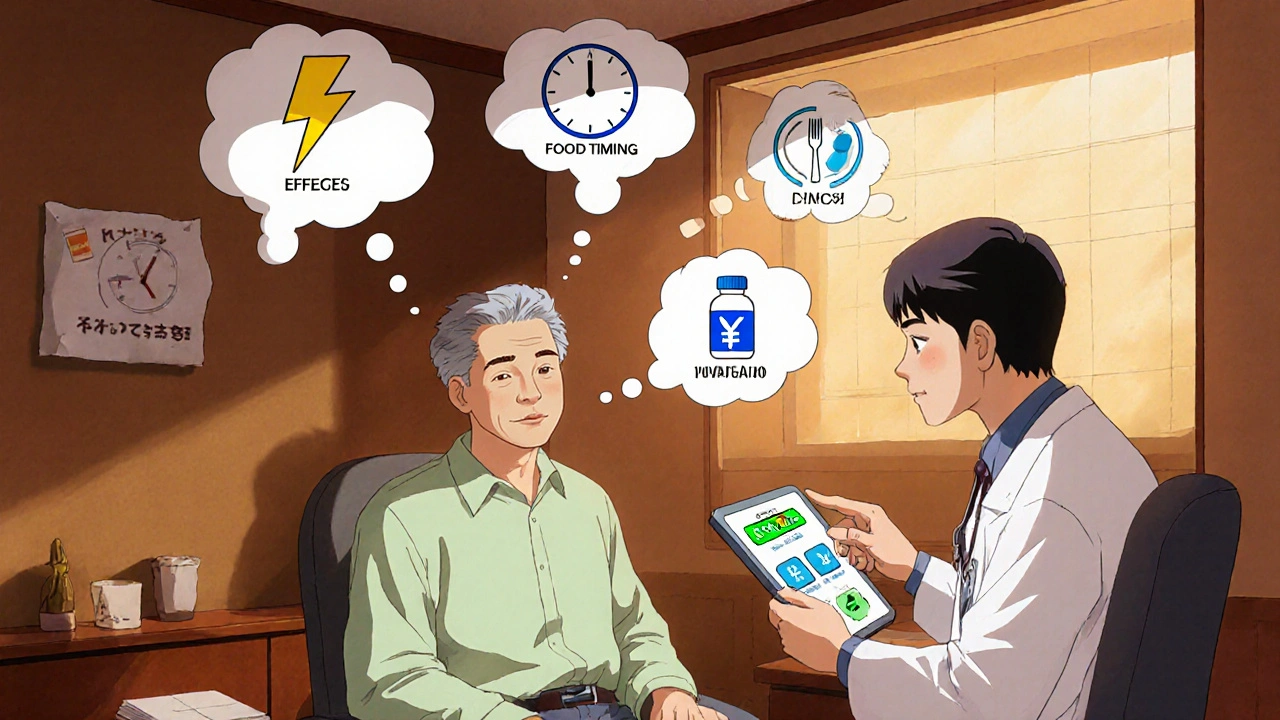 医師と患者がチェックリストの項目を考えながら薬を比較する診察室。