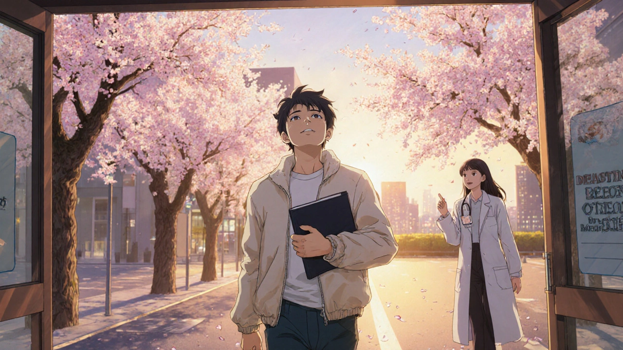 診察後に満足げに外へ歩く人と桜の風景。