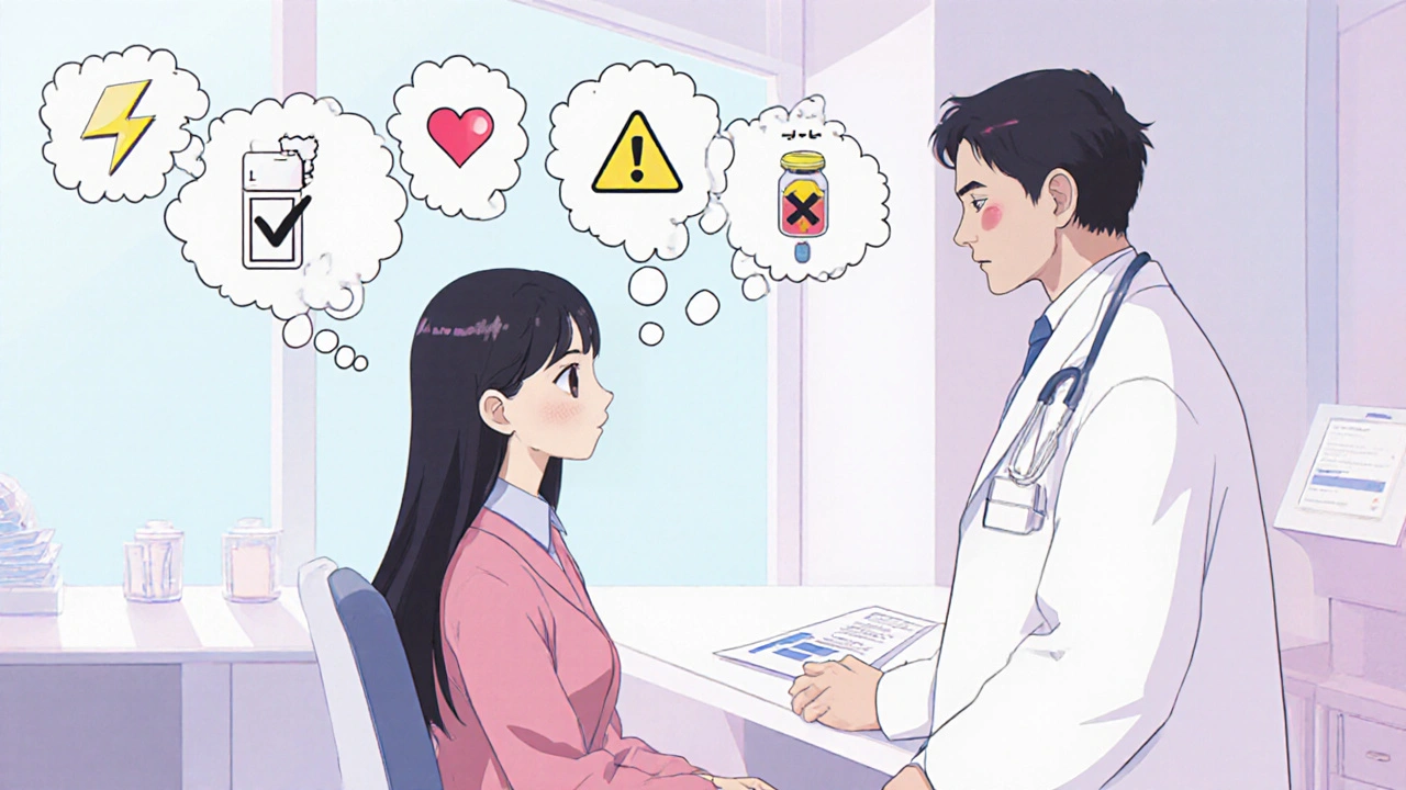 診療所で女性が医師と相談し、効果・リスク・副作用・費用のチェックリストを考える様子。