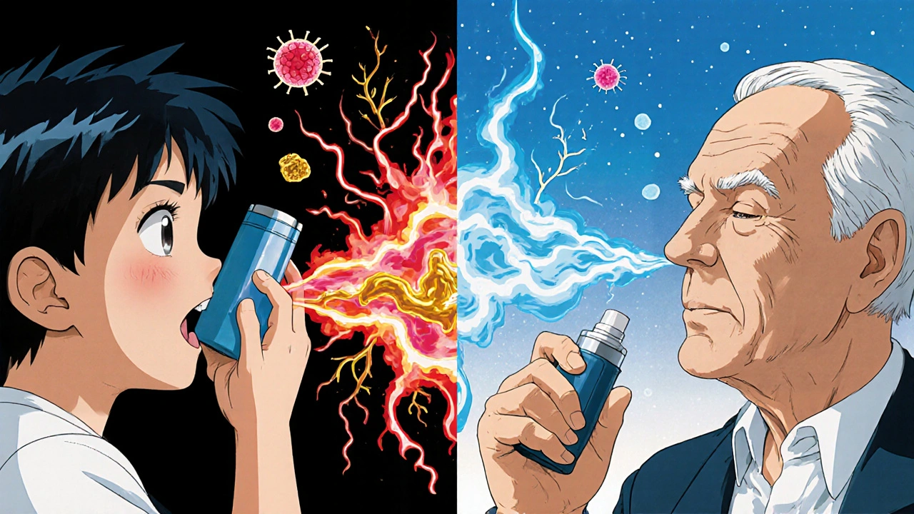 子どもと高齢者が吸入器と鼻噴霧を使い、炎症が鎮まるアニメ風のシーン