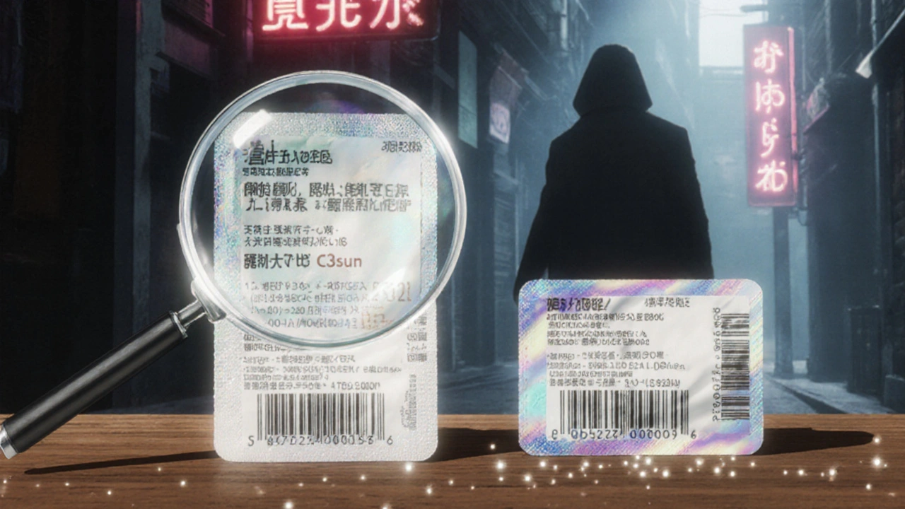 本物と偽物の薬パッケージを比較したクローズアップ。