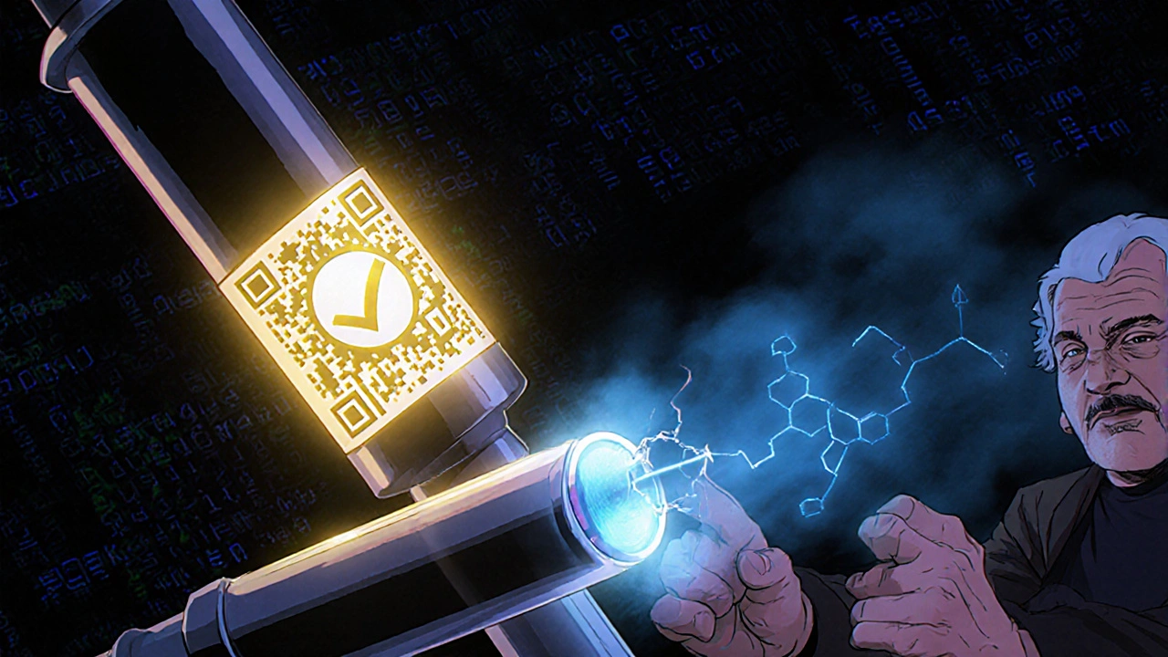 本物と偽物のインスリンペンを比較するアニメ風描写、一方は光るQRコード、他方は化学物質を漏らす。