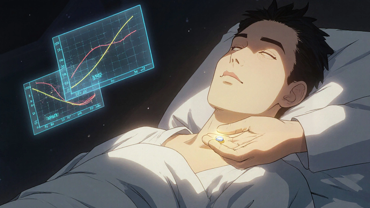 病床の患者にジェネリック薬を手渡す医師の優しい手と、血中濃度のグラフが浮かぶ幻想的な光景。