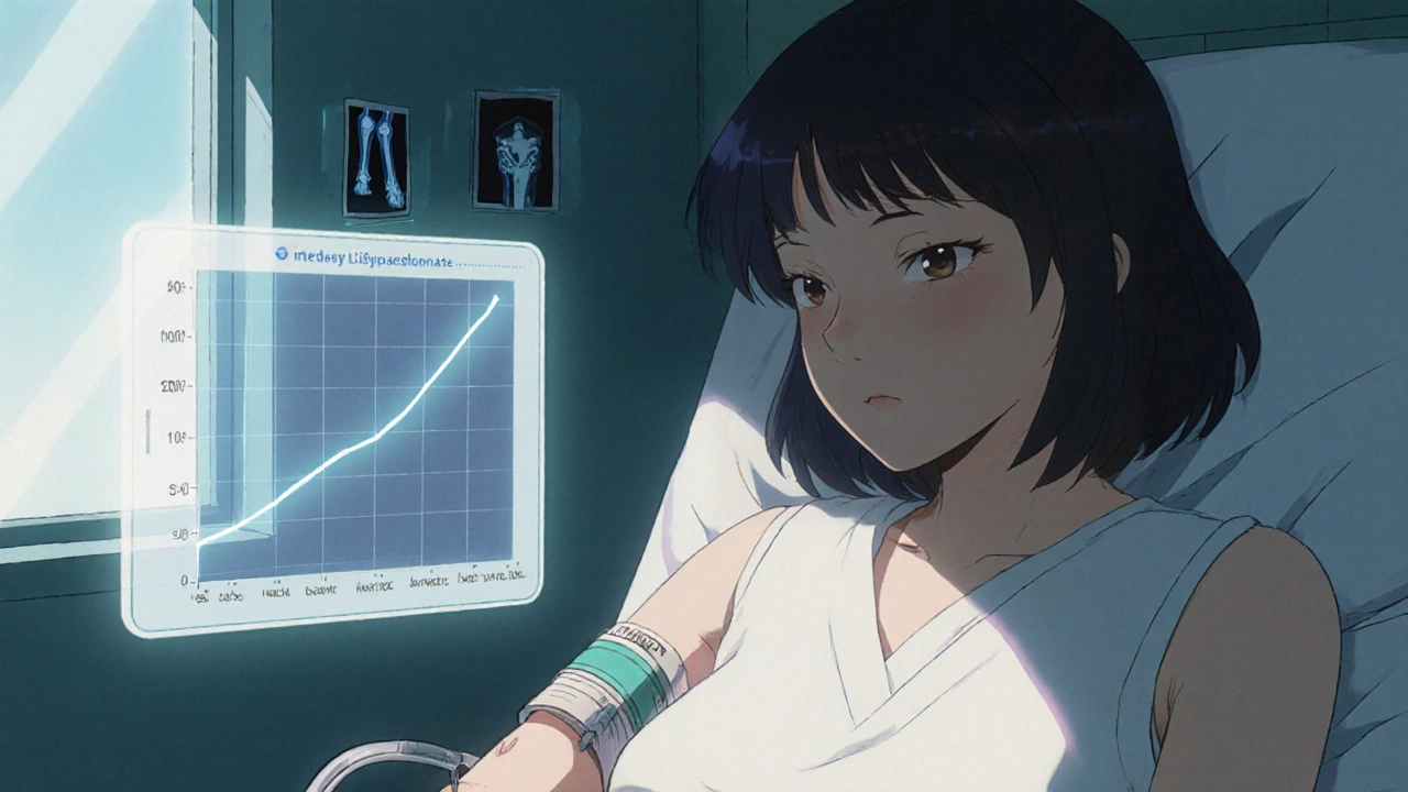 病院で点滴を受けている女性と骨密度のグラフが浮かぶシーン。