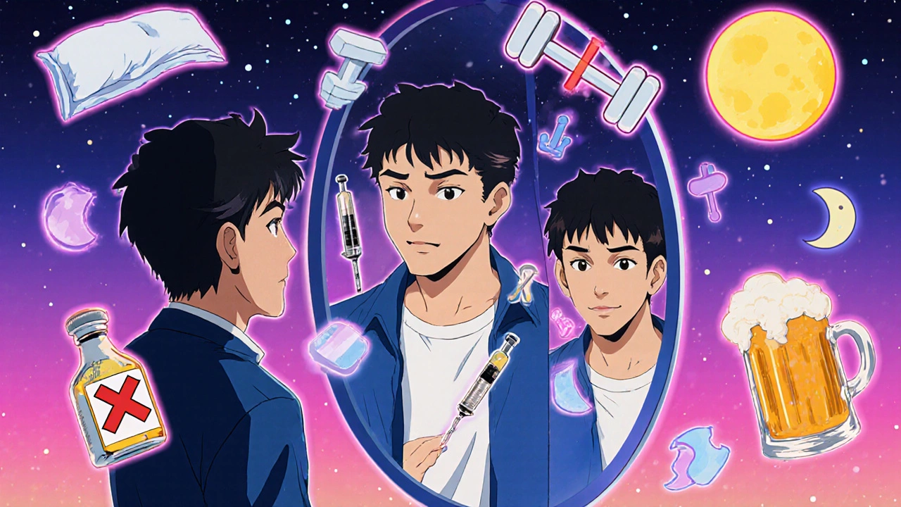 低テストステロンの治療法を象徴する三人の自己のイメージが並ぶ夢幻的な風景。