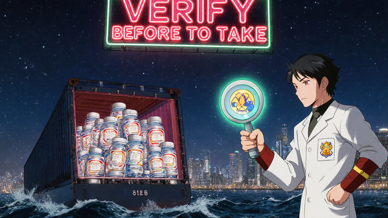 東京の港で偽薬が大量に輸入される夜のシーン、薬剤師が検査しているアニメ風の構図。