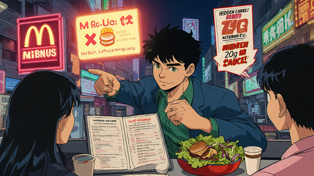ファストフードでパンを抜いてレタスで包むよう注文する男性と隠れ炭水化物の警告表示