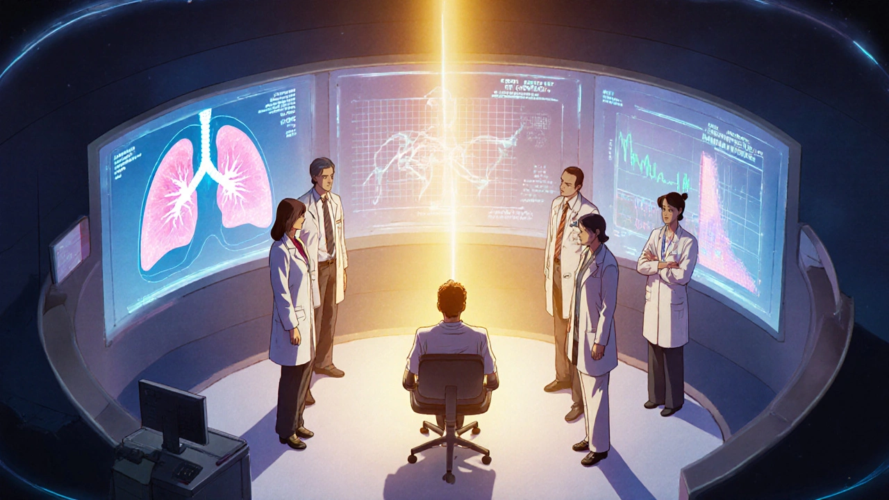 複数の専門医が hologram で患者の状態を共有する診療室