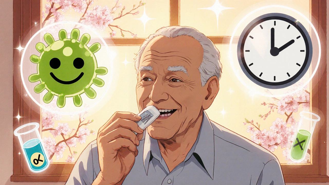 高齢者が安全に薬を飲む様子、プロバイオティクスや検査の象徴が浮かぶ