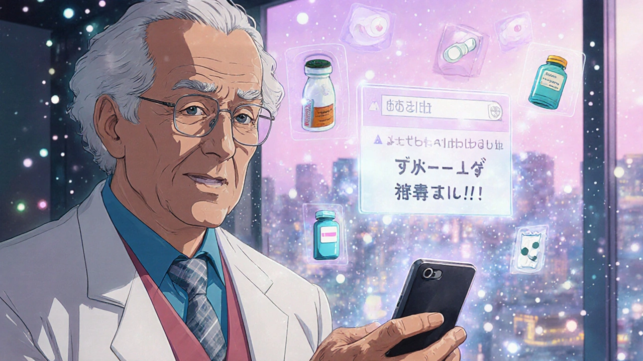高齢者がスマホで薬の飲み合わせをチェックしている。