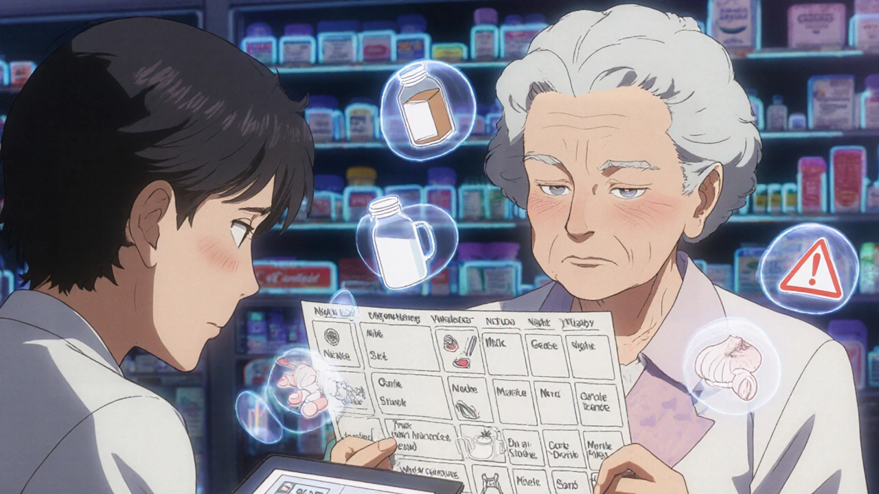 高齢の女性が週間薬ケースを持ち、サプリメントの警告アイコンが浮かぶ