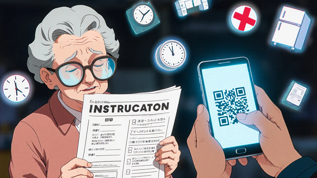 高齢の女性と若者がそれぞれ紙とスマホでPMIを確認している