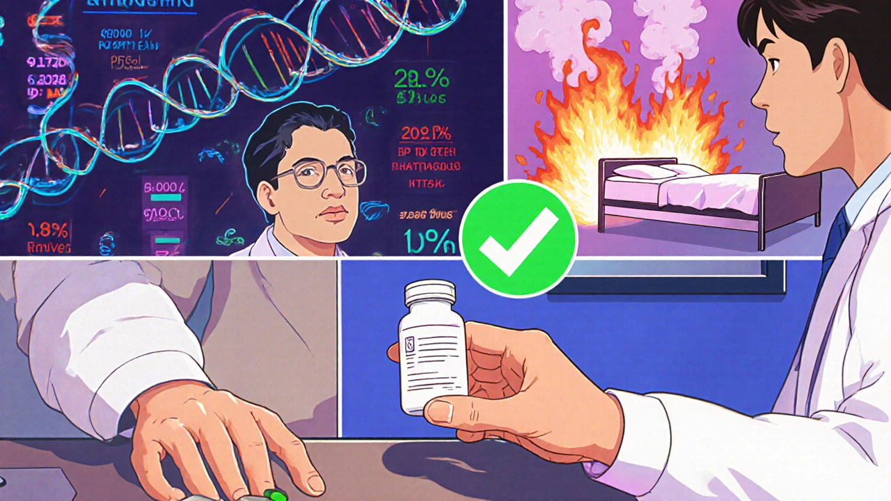 患者にジェネリック薬を渡す薬剤師と、遺伝子解析・再入院率の変化を示す背景のモンタージュ。