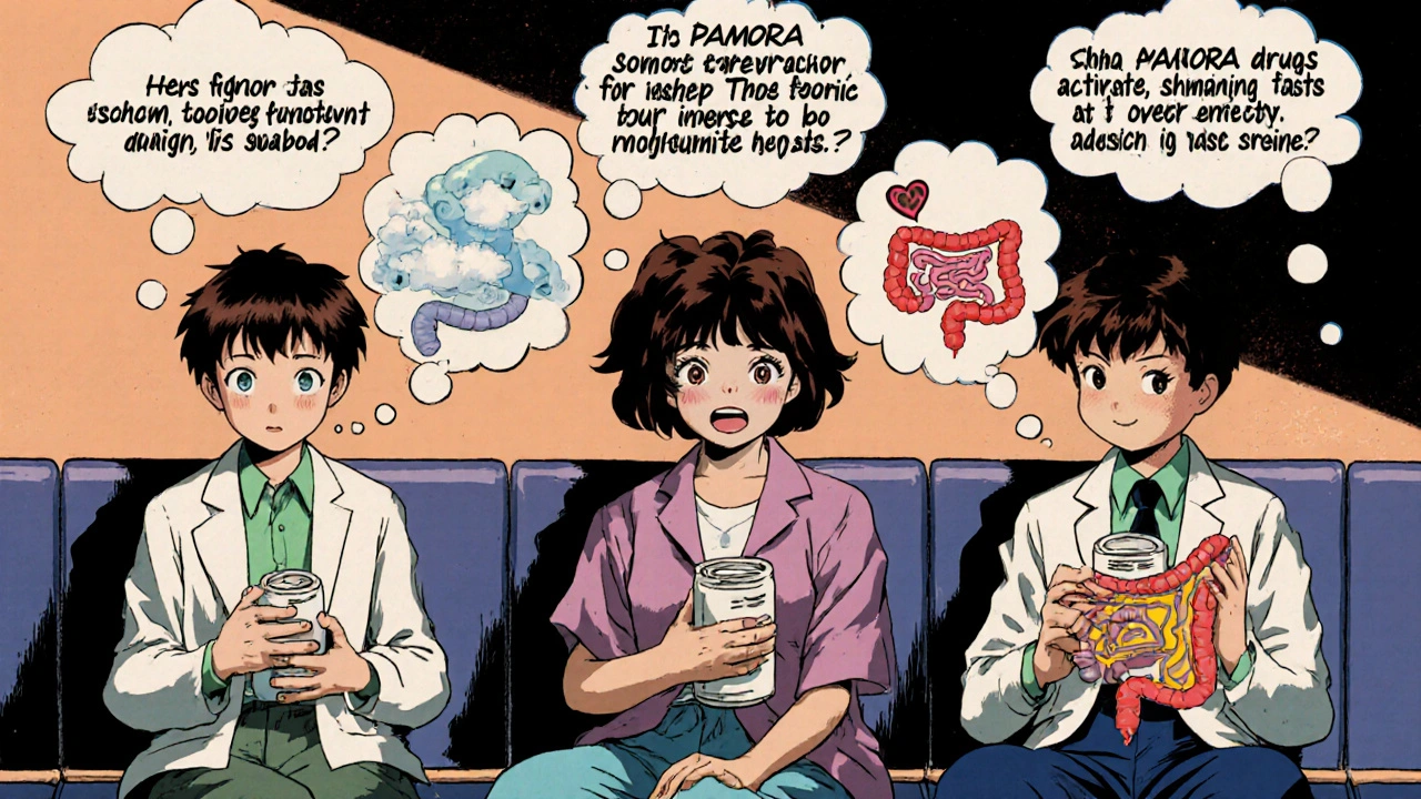 患者たちの頭上に便の状態や薬の作用を表す thought bubble が浮かぶ、クリニックの待合室のシーン。