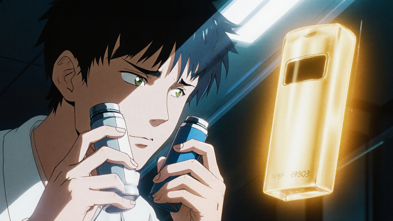 混乱する患者とシンプルな複合吸入器の対比。