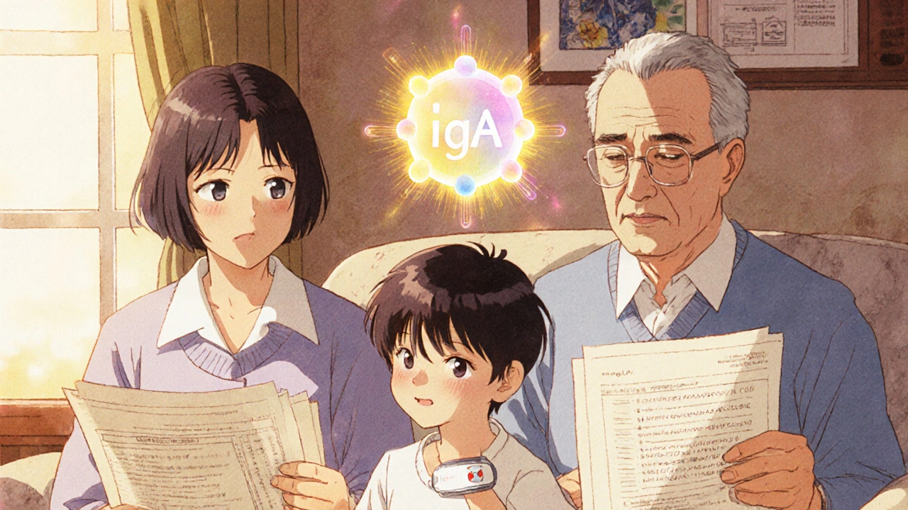 家族三人が家で血検査の結果を見ながら、IgAの欠損を象徴する光の粒子が浮かぶ。