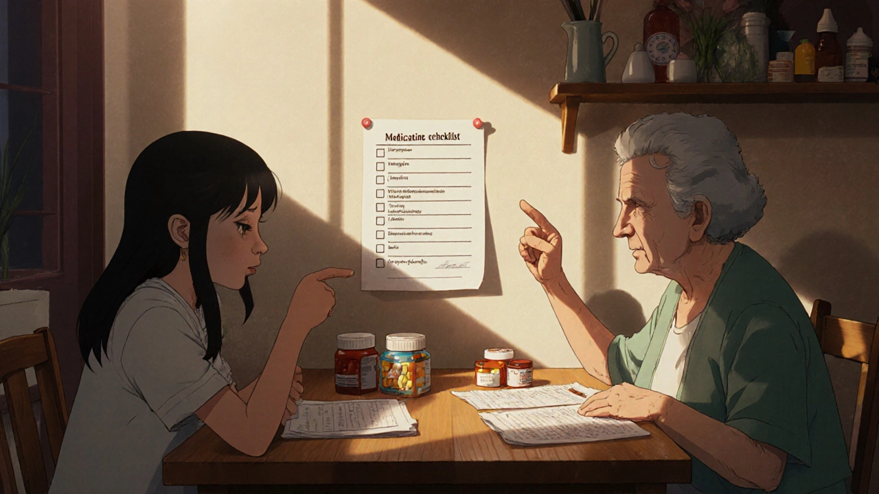 家族が週末に服薬リストを一緒に確認している。