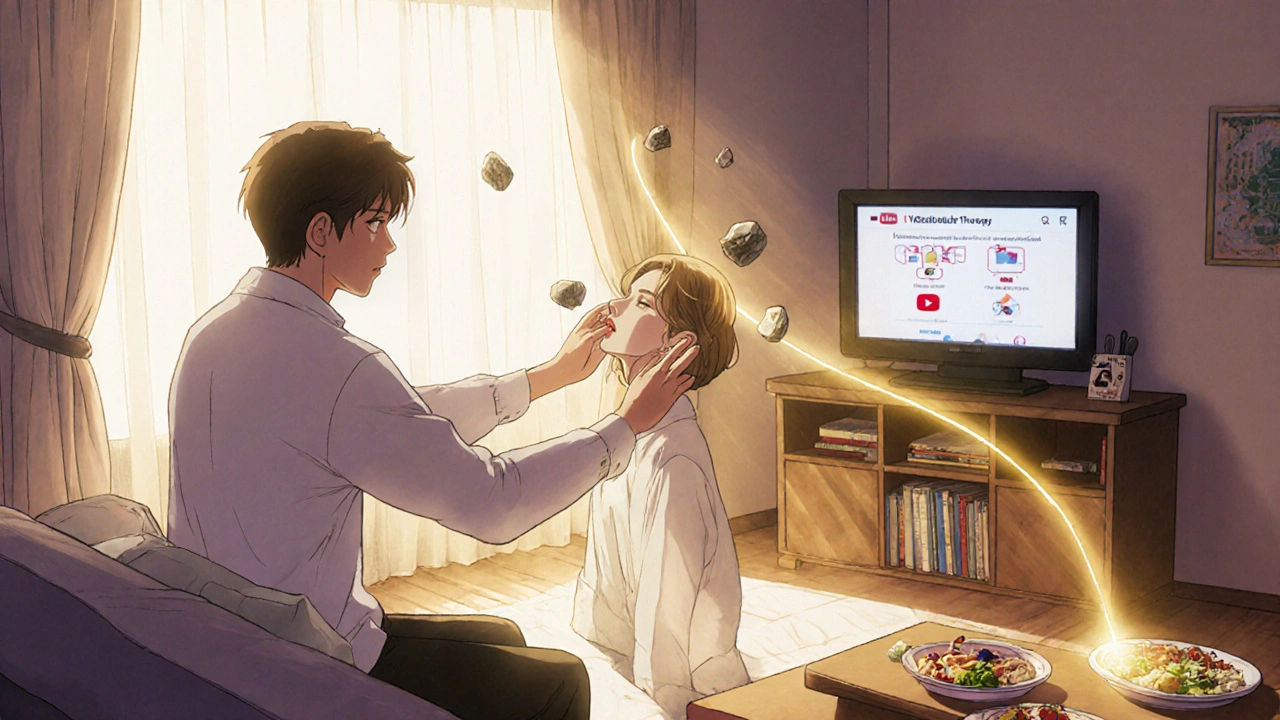 家族が自宅でエイプリー法を実践し、耳石が元の位置に戻る様子をアニメで表現。