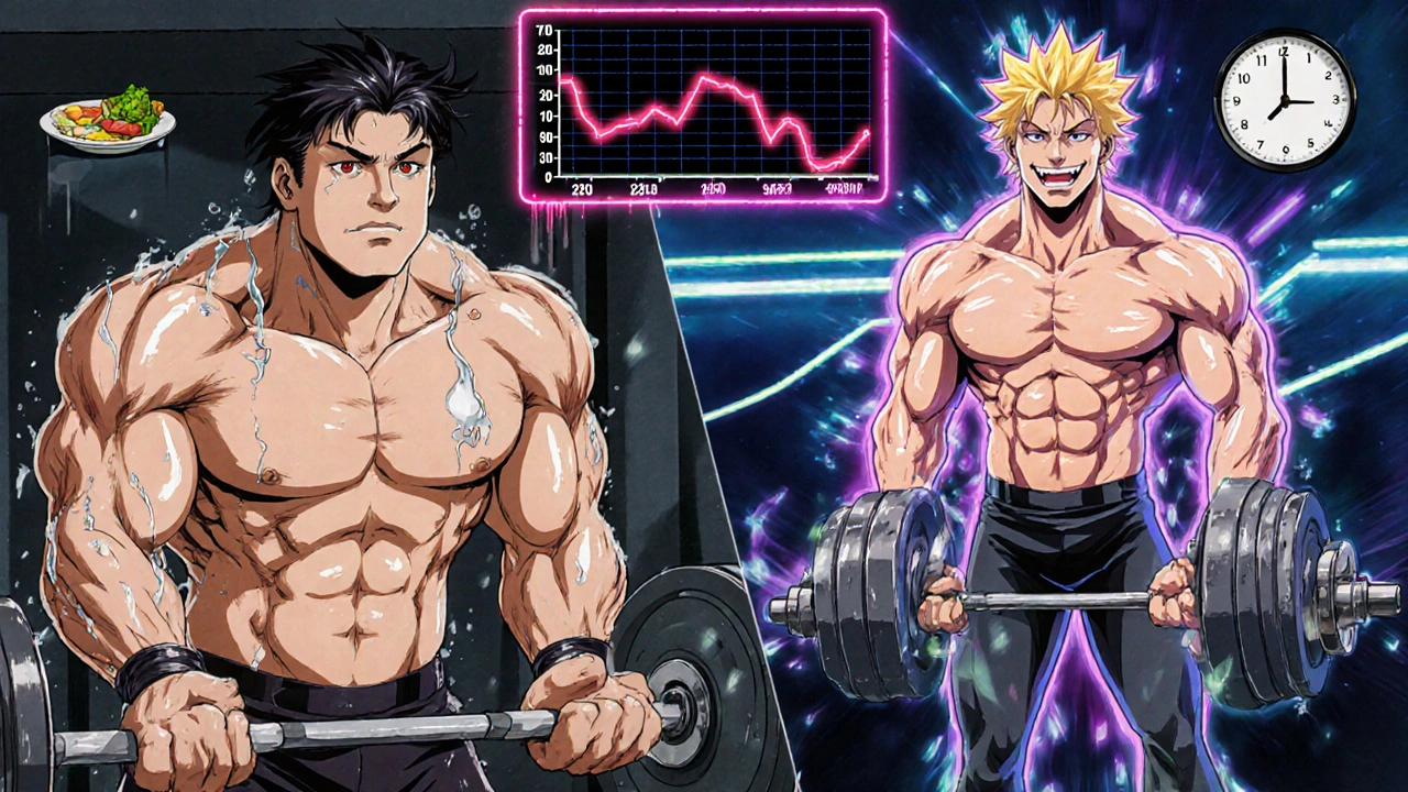 男性が運動で体を変える前後を対比したアニメ風シーン。