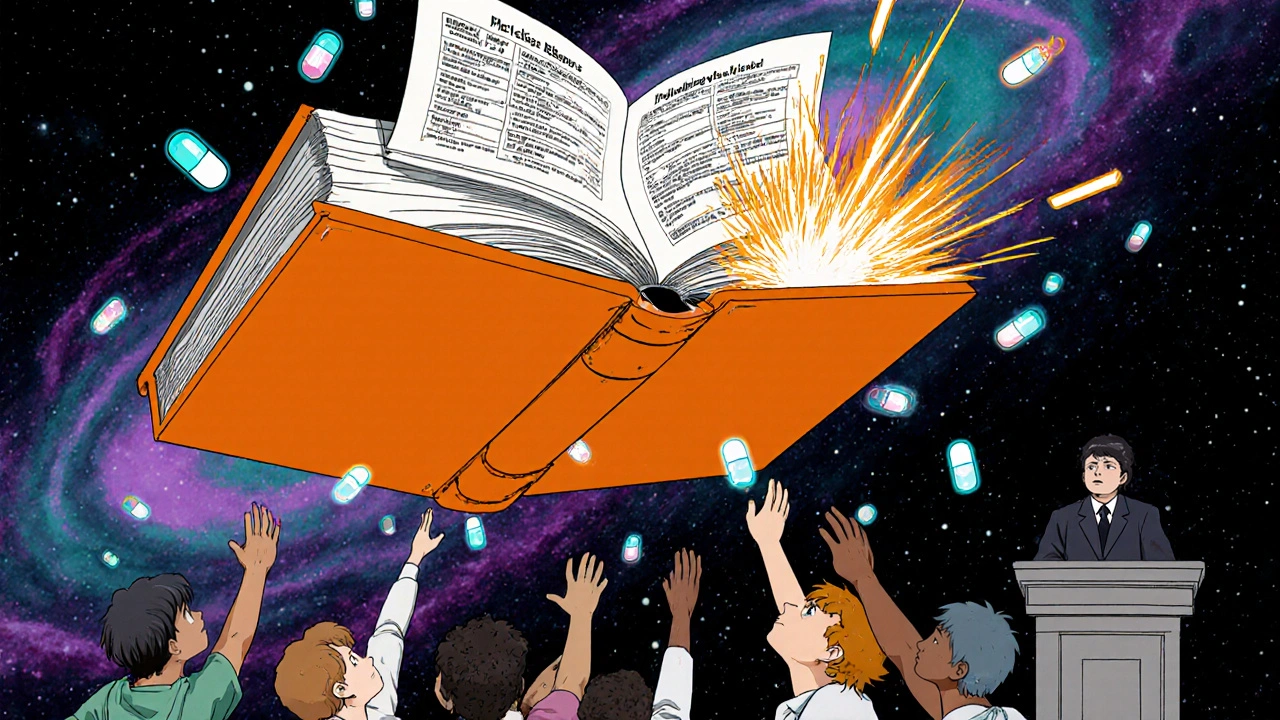 オレンジブックが宇宙に浮かび、有効特許だけが光る薬剤として降り注ぐ