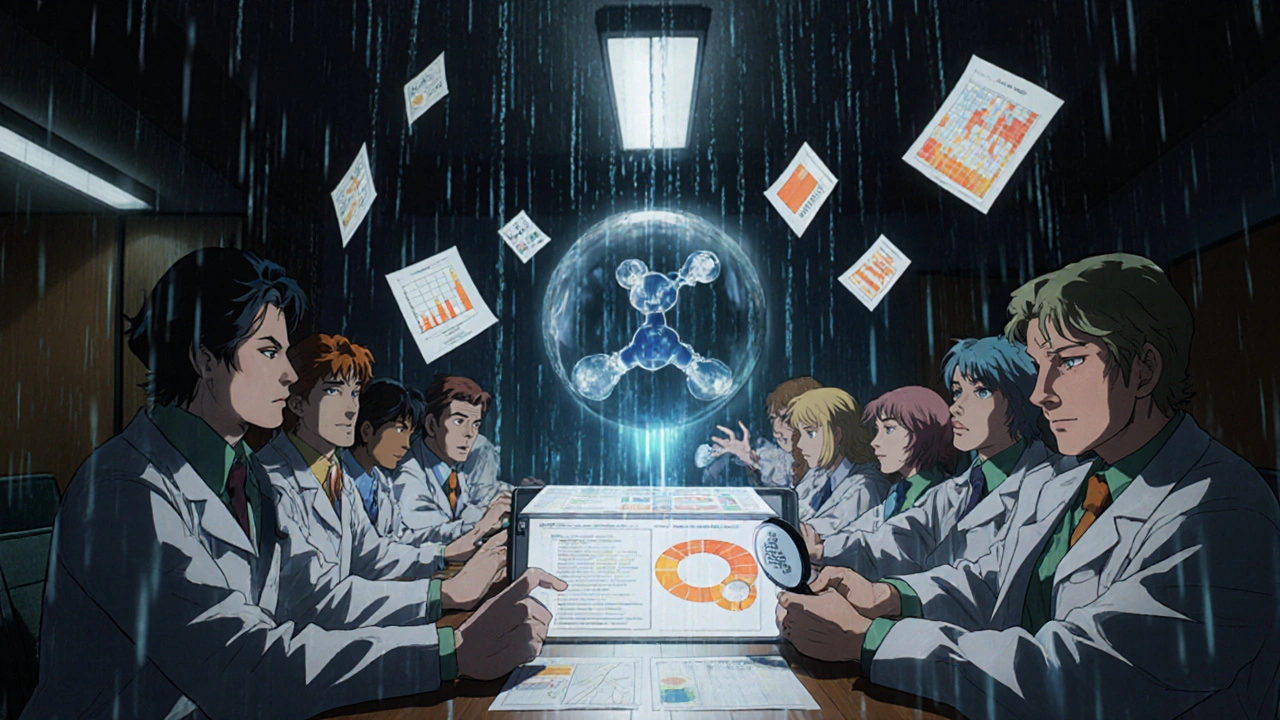 P&amp;T委員会がジェネリック薬の臨床データを議論する、未来感あるホログラムの会議室。