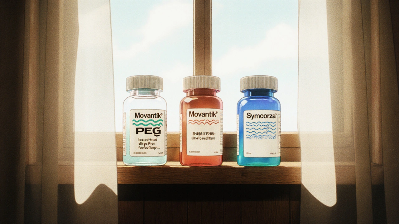 PEG、Movantik®、Symcorza®の3種類の薬瓶が窓辺に並び、それぞれ異なる光の効果で輝いている。