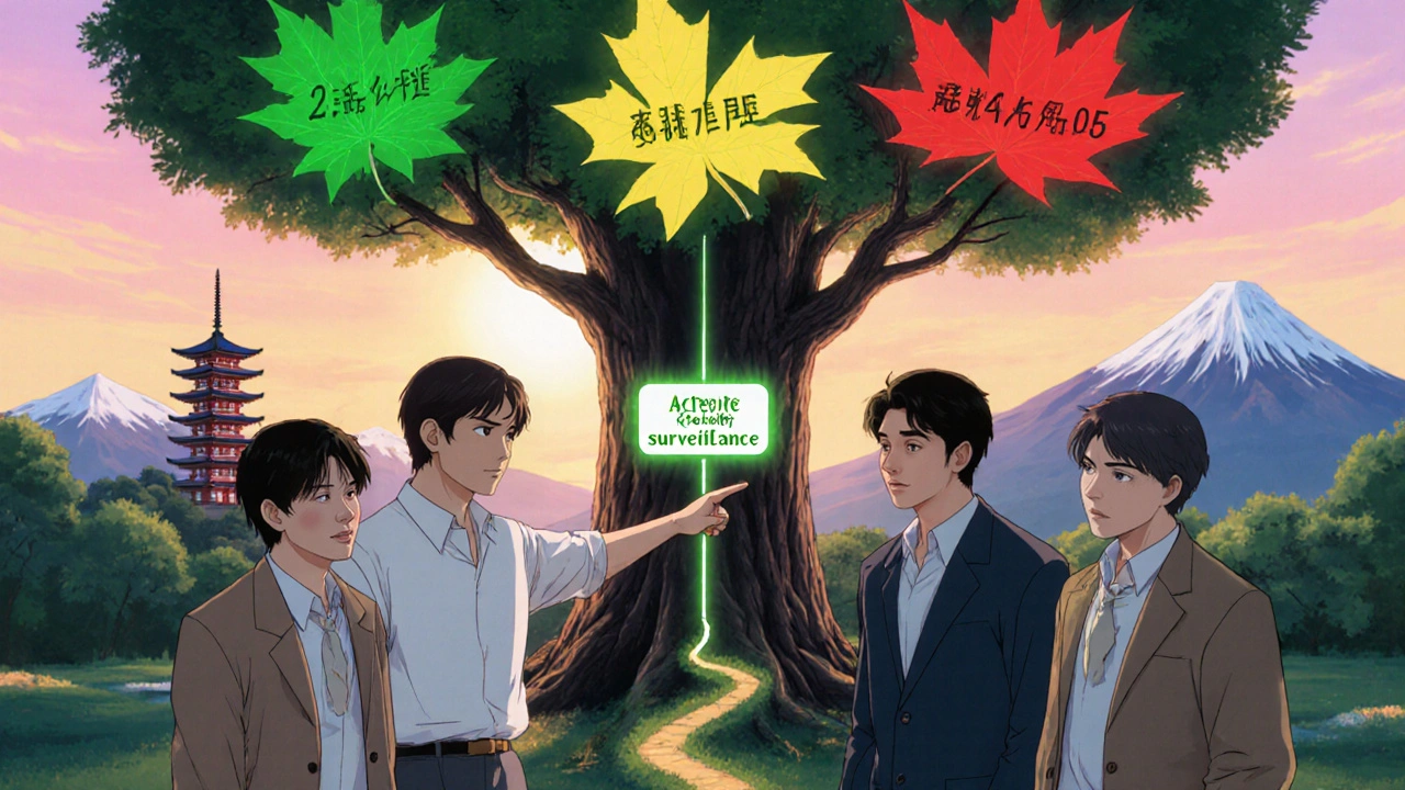 PSA値に応じた選択肢を葉に見立てた木の下で男性たちが治療法を決める情景。