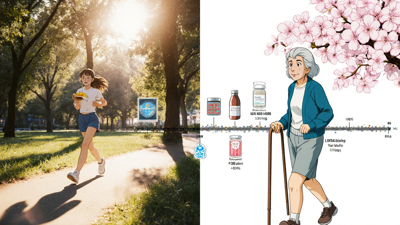 若くて年老いた自分をつなぐ時間軸のアニメ風コマ割り。