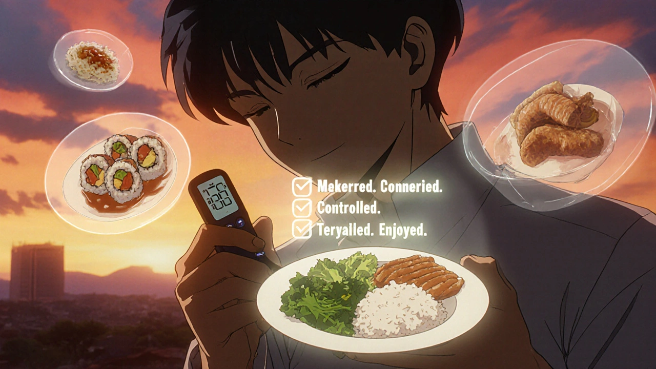 食後の血糖値を測る様子と、制御された食事の成功を象徴するアニメ的ビジュアル