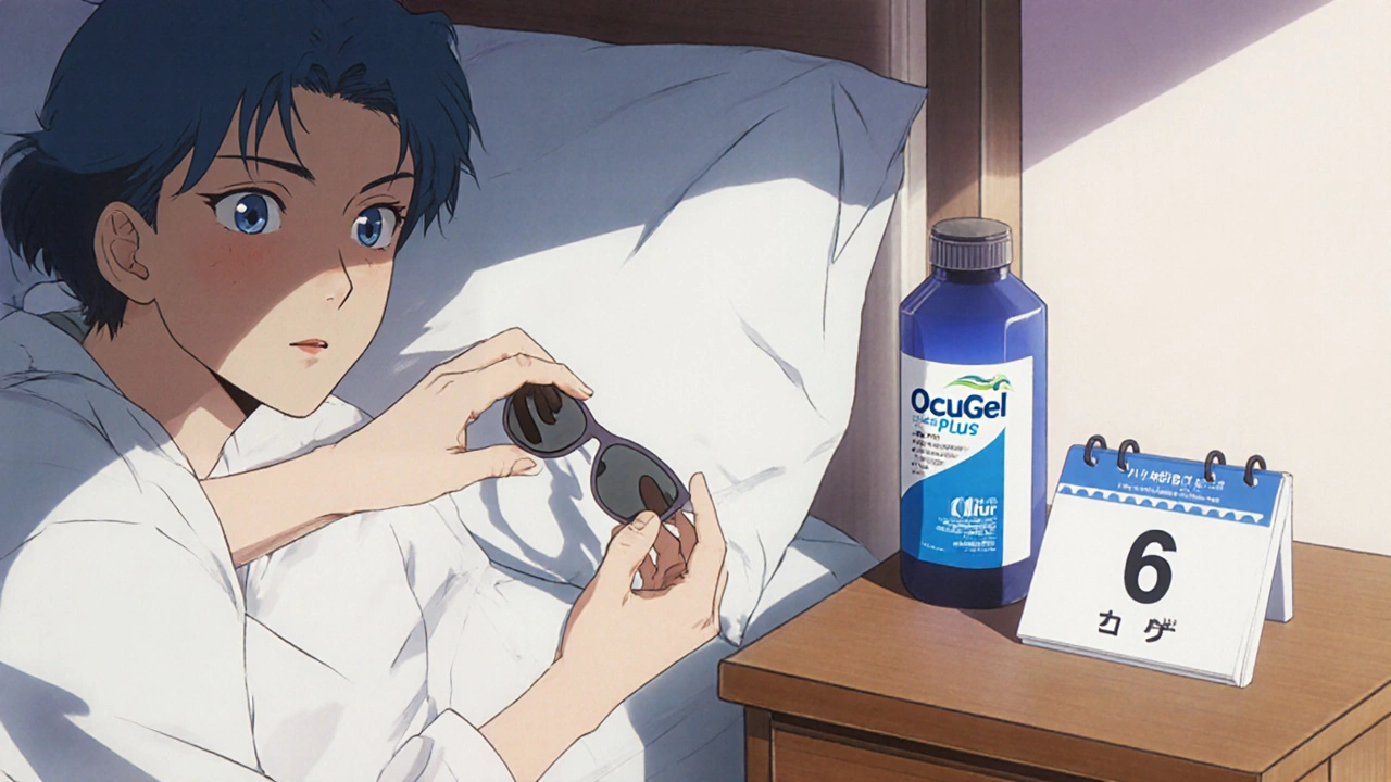 手術後の患者がサングラスと点眼薬を丁寧に保管し、夕日に向かって目を見つめる