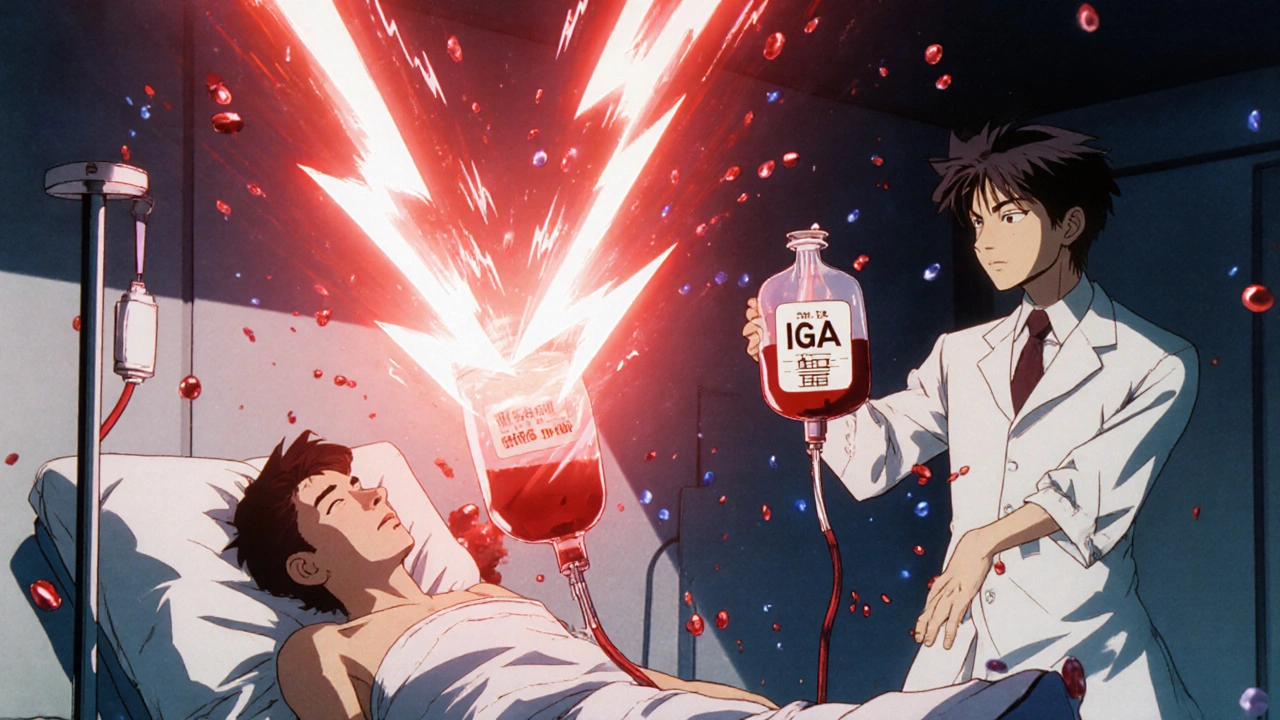 輸血中に抗IgA抗体が発生し、医師がIgA除去血液を運び込む緊急シーン。