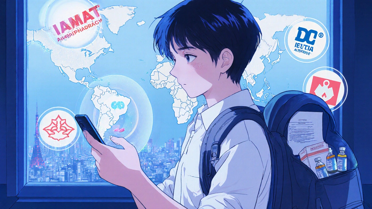 スマートフォンで海外の薬局を検索し、インスリンを冷蔵バッグで持ち歩く旅行者。