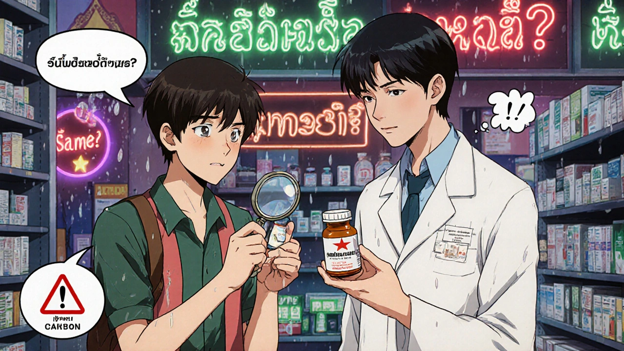 タイの薬局で薬のラベルを確認する旅行者と困惑する薬剤師。