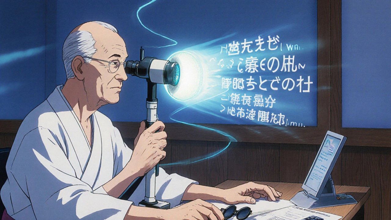 眼科医がスリットランプで患者の目を検査し、翼状片の拡大画像が浮かぶ