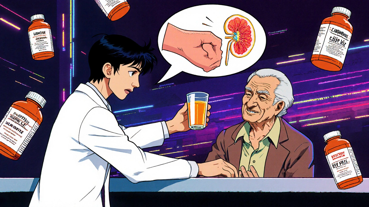 薬剤師が高齢者にグレープフルーツジュースを飲ませまいとして止める様子、薬の危険性を示すアニメ風警告。