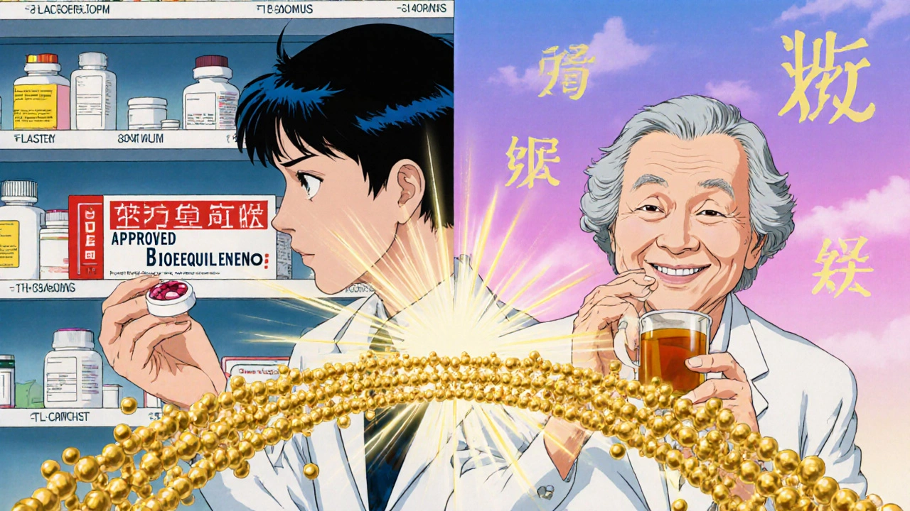 薬剤師がジェネリック薬を選んでおり、高齢の患者が安心して服薬する様子を描いた二段構成のアニメ風イラスト。